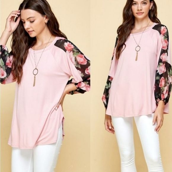 Lovely Rosetta Tops - Pink Top With Floral Chiffon Sleeves